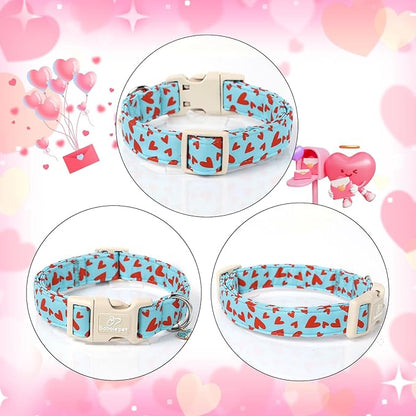 Valentine's Day Dog Collar - Cute Blue Valentines Dog Collar Girl Boy Durable Adjustable Red Heart Pattern Charm Dog Collars for Small Medium Large Dogs XL