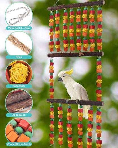 43" Extra Large Bird Parrot Toys, Multicolored Wooden Blocks Chewing Toy with Rattan Balls and Perches for Macaws, African Greys, Cokatoos, Amazon Parrots and Small Medium Parakeets