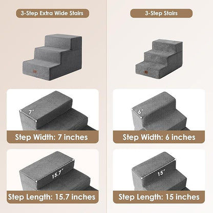 EHEYCIGA Dog Stairs for Small Dogs 16.5”H, 3-Step Extra Wide Dog Steps for Couch Sofa and Chair, Pet Steps for Small Dogs and Cats, Non-Slip Balanced Dog Indoor Ramp, Grey