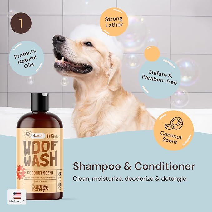 Sunny & Honey Bath Bundle - Dog Shampoo and Conditioner, Perfume, Brush for Shedding & Microfiber Towel - Moisturize & Detangle - Dog Wash & Cologne Spray (Coconut Shampoo 16oz & Breeze Perfume 8oz)