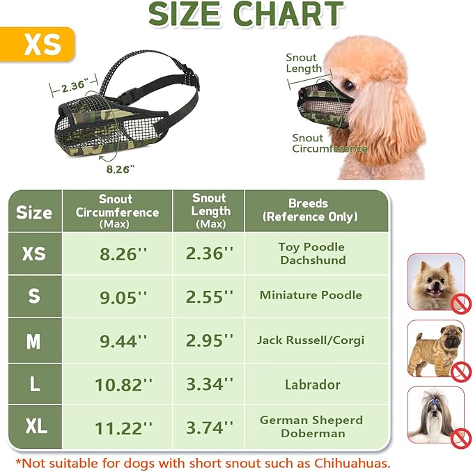 Dog Muzzle for Large Medium Small Dogs, Soft Mesh Muzzle for Dogs with Reflective Adjustable Strap, Prevent Biting Chewing and Licking, Dog Nose Open Design for Reduction Friction (Camo, XS)