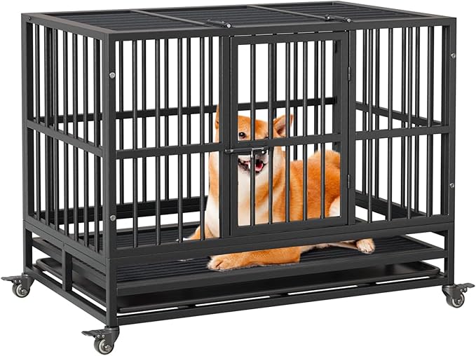 42inch Heavy Duty Indestructible Dog Crate Steel Escape Proof,Indoor Dog House High Anxiety Cage,Kennel with Wheels,Removable Tray