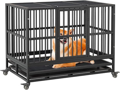 37 inch Heavy Duty Indestructible Dog Crate Steel Escape Proof,Indoor Dog House High Anxiety Cage,Kennel with Wheels,Removable Tray