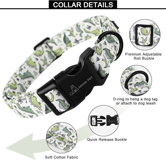 ARING PET Dinosaur Dog Collar-Cute Dog Collar for Small Dogs, Adjustable Comfortable Cotton Boy Dog Collars for Small Medium Large Dogs, Large