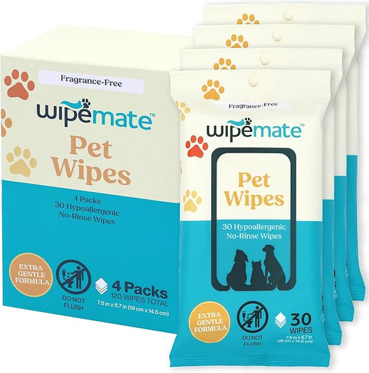 Bulk 4-Pack Travel Dog & Cat Pet Wipes for Small/Medium Pets Cleans Pet Paws Ears Fur Butt & Anal Gland No-Rinse Solution Gentle Deodorizing & Hypoallergenic - Unscented 120 ct