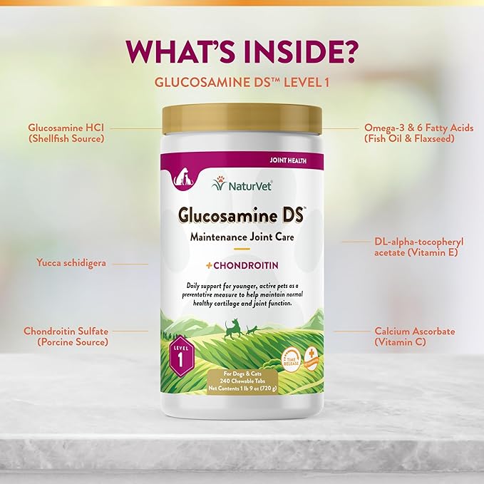 NaturVet  Glucosamine DS - Level 1 Maintenance Care | Preventative Care to Maintain Healthy Cartilage & Joint Function | Enhanced with Glucosamine & Chondroitin | for Dogs & Cats (240 Tablets)