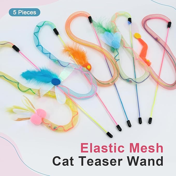 SONGWAY Cat Rainbow Wand Toy - Rainbow Cat Feather Toys with Bells, Colorful Mesh Teaser Wand with Feather Tail, Interactive Toys for Indoor Cats Kittens, Mixed Colors