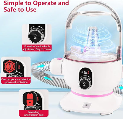 IDEALHOUSE Dog Hair Vacuum and Grooming Kit, 2L Dust Cup with 5 Grooming Tools, High Suction Power for Shedding Pet Hair, Low Noise for Stress-Free Grooming, Home Cleaning, White and Cherry Blossom