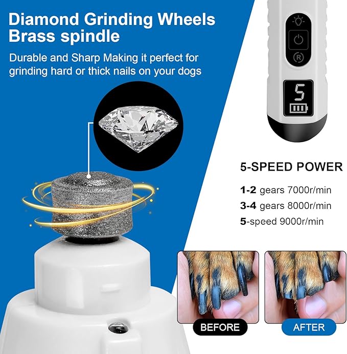 Silent Groom Pro Nail Grinder, 5 Speeds Dog Nail Grinder, Rechargeable Electric Pet Nail Trimmer File Toenail Grinder for Puppy Small Medium Large Breed Dogs & Cats