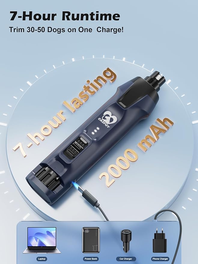 Casfuy 6-Speed Dog Nail Grinder  50%+ Boost Power Dog Nail Trimmers Quiet with Dust Cap & 2 LED Lights & 2000mAh Battery & 4.8V Motor Electric Pet Toenail File Tool for Large Medium Small Dogs Cats