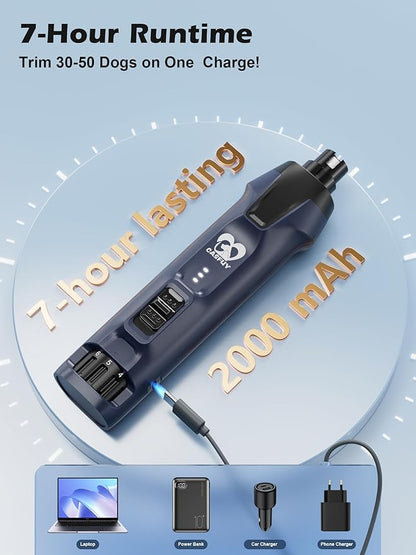 Casfuy 6-Speed Dog Nail Grinder  50%+ Boost Power Dog Nail Trimmers Quiet with Dust Cap & 2 LED Lights & 2000mAh Battery & 4.8V Motor Electric Pet Toenail File Tool for Large Medium Small Dogs Cats