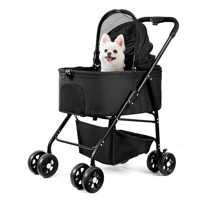 Pet Stroller 3 in 1 Folding Lightweight Dog Stroller with Detachable Carrier & Storage Basket, Premium 4 Wheels Travel Stroller for Small/Medium Pet (Black)