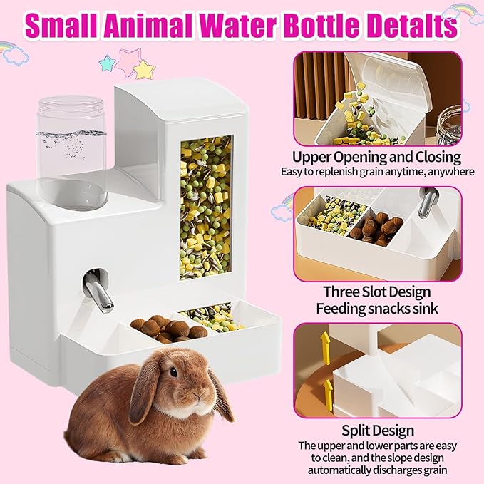 2 in 1 Guinea Pig Food Water Dispenser, Rabbit Water Bottle Leak-Proof, 2 in 1 No-Drip Automatic Dispenser for Guinea Pig Cage, Chinchilla, Ferret, Hamster Small Animal Waterer (Blue, 2 in 1)
