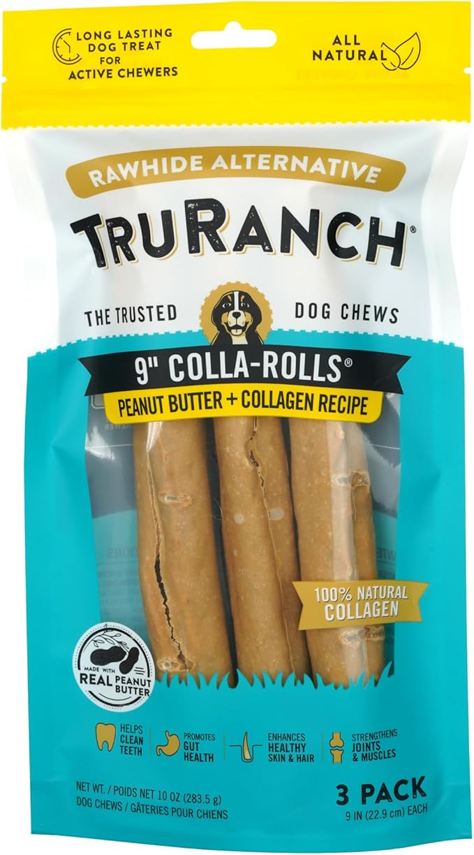 TRURANCH Collagen Rolls - 9" Collagen Rolls for Dogs - Long Lasting Healthy Joint Support Dog Treat - Rawhide Alternative - Skin & Coat Health - Made with Real Peanut Butter, 1 Bag, 3 Count
