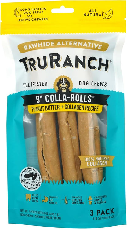 TRURANCH Collagen Rolls - 9" Collagen Rolls for Dogs - Long Lasting Healthy Joint Support Dog Treat - Rawhide Alternative - Skin & Coat Health - Made with Real Peanut Butter, 1 Bag, 3 Count