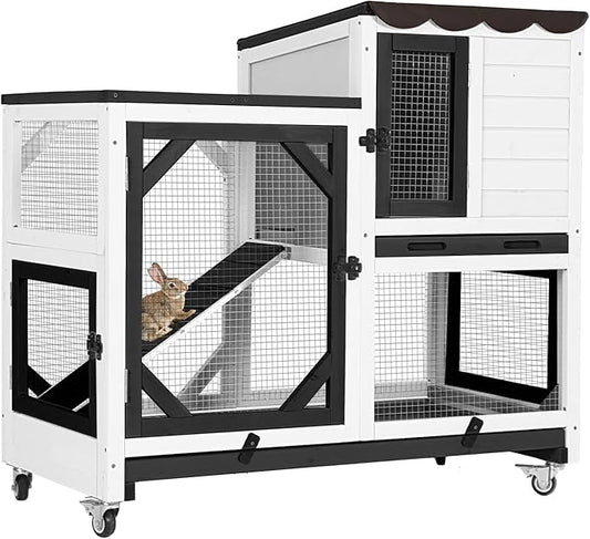 GUTINNEEN Rabbit Hutch Indoor Rabbit Cage with Wheels Outdoor Bunny House 2 Story Guinea Pig Cage with Leakproof Tarp Roof (White)