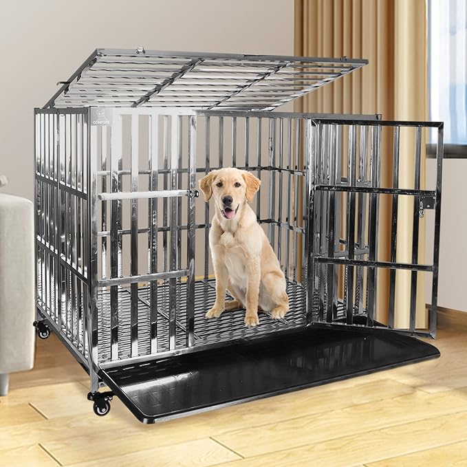 42" Stainless Steel Dog Crate Stackable Heavy Duty Pet Kennel Foldable Indestructible Dog Cage Playpen with Lockable Rolling Wheels, Double Door and Removable Tray for Medium and Large Dogs