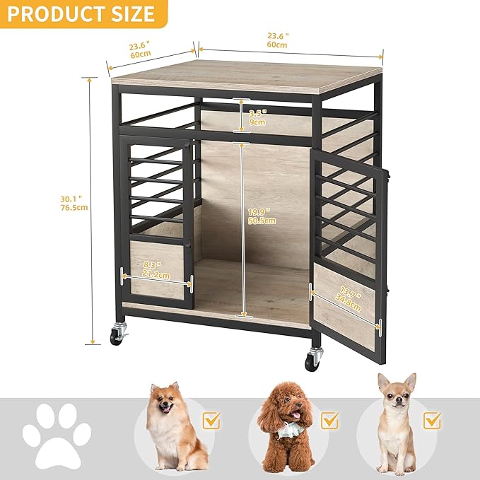 DWVO Dog Crate Furniture, 24 Inch Dog Kennel Indoor Furniture End Table for Dogs, Modern Decorative Wooden Cage with Wheels, Chew-Resistant, Greige