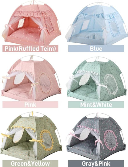 Cat Bed Tents Dog House Indoor Outdoor Lace Mesh Breathable Windows Door Curtains Removable Portable Nest Teepe House (Small,Gray&Pink)