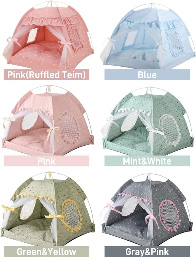 Cat Bed Tents Dog House Indoor Outdoor Lace Mesh Breathable Windows Door Curtains Removable Portable Nest Teepe House (Medium,Blue)