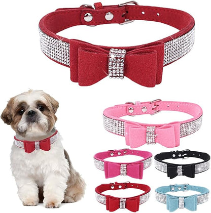 Rhinestone Dog Collars for Small Dogs, Female Diamond Dog Collar with Bowtie Crystal Jeweled Girl Cat Collar Sparkling Glitter for XXS XS Small Dogs,Red,XXS