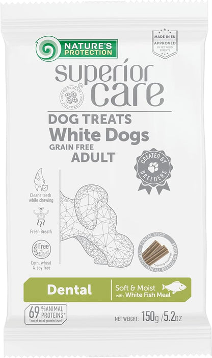 Nature's Protection Dental Chews for Dogs Teeth - Fights Bad Breath - Grain Free Dog Dental Treats for Small & Large Breed Adult Dogs with Light Fur, 5.2 oz (Superior Care - White Fish, Pack of 5)