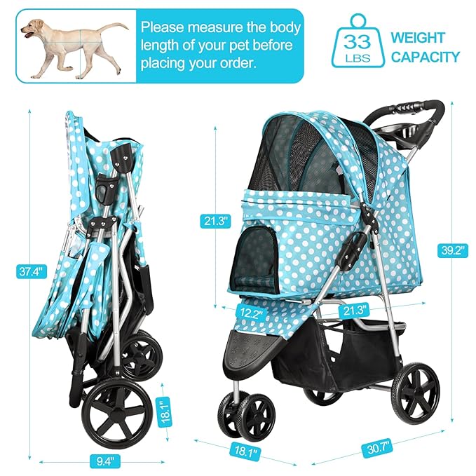 Dog Stroller for Small Dogs, Portable Pet Stroller for Cats Folding Puppy Stroller Lightweight Dog Cat Cage Jogger Stroller with Storage Basket and Cup Holder, 3 Wheels, Polka Blue