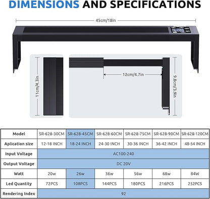 SEAOURA 24/7 LED Aquarium Plant Light for 18-24 Inch Fish Tank, Auto On Off with Timer, 9 Colors, Adjustable Brightness, Daylight & Moonlight Mode, Full Spectrum Fish Tank Light for Plants, 26W