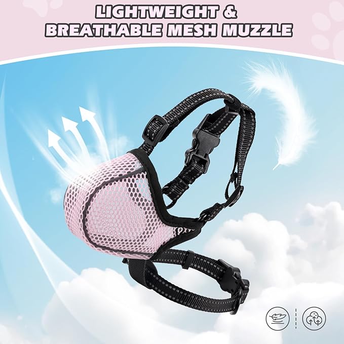 Dog Muzzle,Mesh Soft Muzzle for Small Medium Large Sized Dogs, Breathable Reflective Adjustable Puppy Muzzles with Collar for Scavenging Grooming Biting Chewing,Allows Panting and Drinking(Pink M)