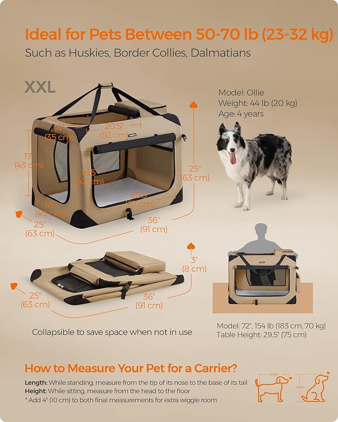 Feandrea 36 Inches Collapsible Soft Dog Crate, Portable Travel Dog Crate for Indoor and Outdoor Use, Dog Carrier Kennel with Safety Zippers, for Living Room, Car, Travelling,Camel Brown UPDC090K01