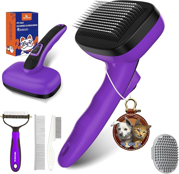 5 PCS Dog Grooming Brush Kit  Self Cleaning Slicker Brush for Shedding Short & Long Haired Dogs & Cats. Removes Loose Fur, Undercoat, Mats, Tangles for Small, Medium & Large Pets. Purple