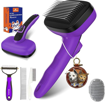 5 PCS Dog Grooming Brush Kit  Self Cleaning Slicker Brush for Shedding Short & Long Haired Dogs & Cats. Removes Loose Fur, Undercoat, Mats, Tangles for Small, Medium & Large Pets. Purple