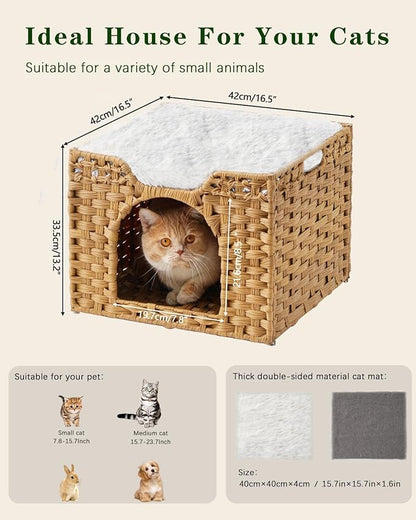 Cat Beds Indoor Kitten House, Handwoven Rattan Cat Cave Pet Cube, Large Cat Houses, One Bed Mat, Foldable, Hideaway, 16.5x16.5x13.2 Inches, 2 S-Shaped Hooks in Living Room Bedroom Natural