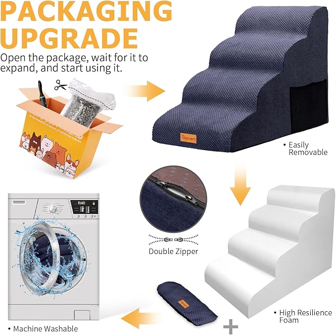Topmart High Density Foam Dog Steps 4 Tiers,Extra Wide Deep Pet Steps,Non-Slip Pet Stairs,Dog Ramp for Bed,Soft Foam Dog Ladder,Best for Older Dogs Injured,Older Pets,Cats with Joint Pain