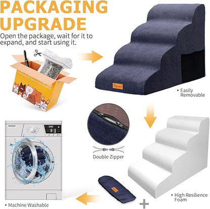Topmart High Density Foam Dog Steps 4 Tiers,Extra Wide Deep Pet Steps,Non-Slip Pet Stairs,Dog Ramp for Bed,Soft Foam Dog Ladder,Best for Older Dogs Injured,Older Pets,Cats with Joint Pain