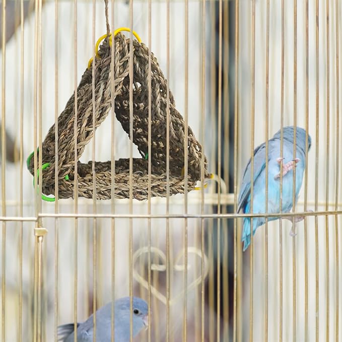 Tfwadmx Bird Seagrass Hammock Tent, 3Pcs 7x7in Seagrass Mat for Birds, Hanging Parrot Toys, Counre House Hut Hideout for Parakeets, Lovebirds, Budgies, Cockatiels