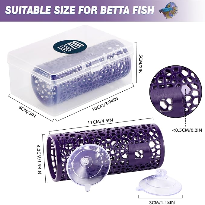 Abizoo Betta Cave - Purple Fish Tunnel with Holes for Small Fish & Shrimp Habitat, Betta Toys Shelter Hideaway, Moss Aquarium Ornament