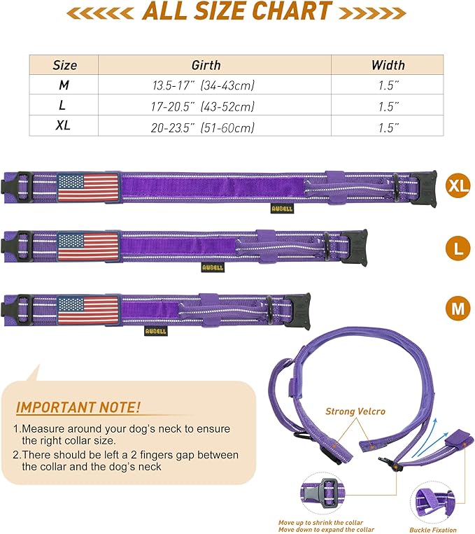 AUBELL Reflective Dog Collar, Tactical Dog Collar for Large Dogs, Heavy Duty Dog Collars with Control Handle and Metal Buckle for Medium Dogs, with Airtag Case and 2 Patches (Purple, L)