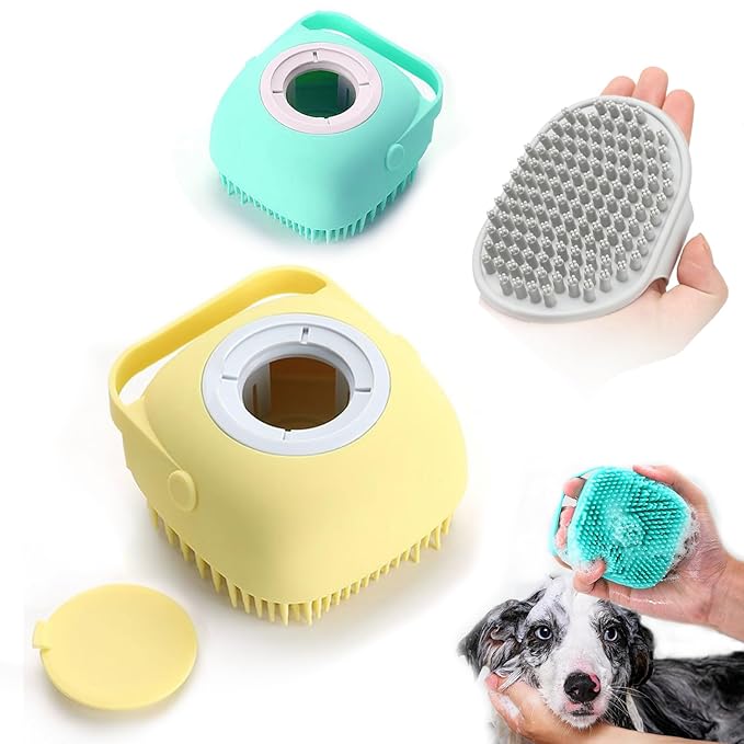 ELEGX Pet Grooming Bath Massage Brush with Soap and Shampoo Dispenser Soft Silicone Bristle for Long Short Haired Dogs Cats Shower (3 PCSï¼_el+Blu+Hard Brushï¼)