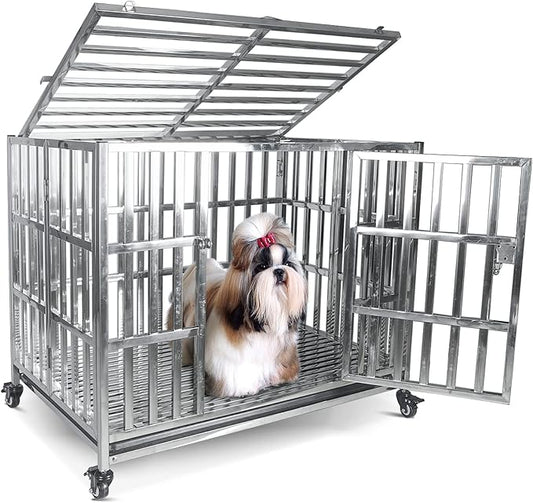 37 Inch Heavy Duty Dog Crates for Meduim Dogs, Stainless Steel Indestructible Small Dog Kennel Indoor, Puppy Dog Crate Cage with Lockable Rolling Wheels, Double Door and Removable Tray