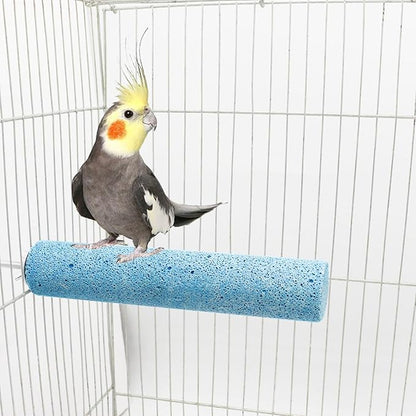 Dual-Textured Bird Perch, 2-Pack – Chewable Mineral Stone & Metal Rod Stand for Small/Medium Birds | Cage Mounted Perches for Beak Grinding, Claw Trimming (Blue & Pink)