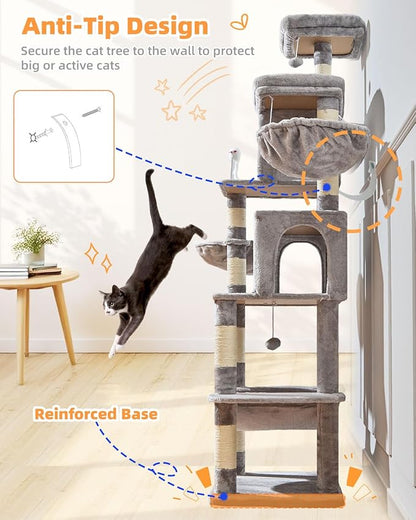 Taoqimiao Cat Tree, 77-Inch Cat Tower for Large Cats Multi-Level Cat Condos for Indoor Cats with 2 Condos, Extra-Lagre Platform, 2 Hanging Baskets, Hammock, 8 Scratching Posts, MS044W Light Gray