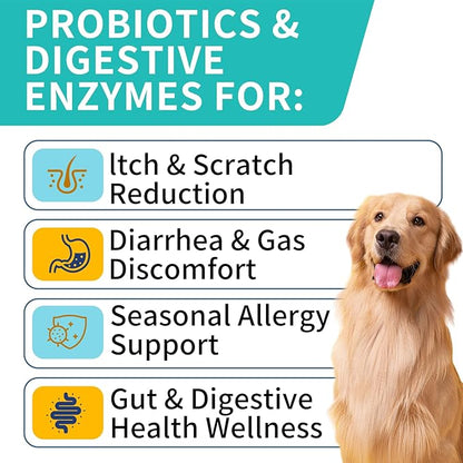 Probiotics for Dogs, Improve Itchy Skin Itchy Ears, Gut Health, Yeast Balance, Allergies, Immunity, Dog Probiotics and Digestive Enzymes with Prebiotics, Reduce Diarrhea (180 Chews, Steak)