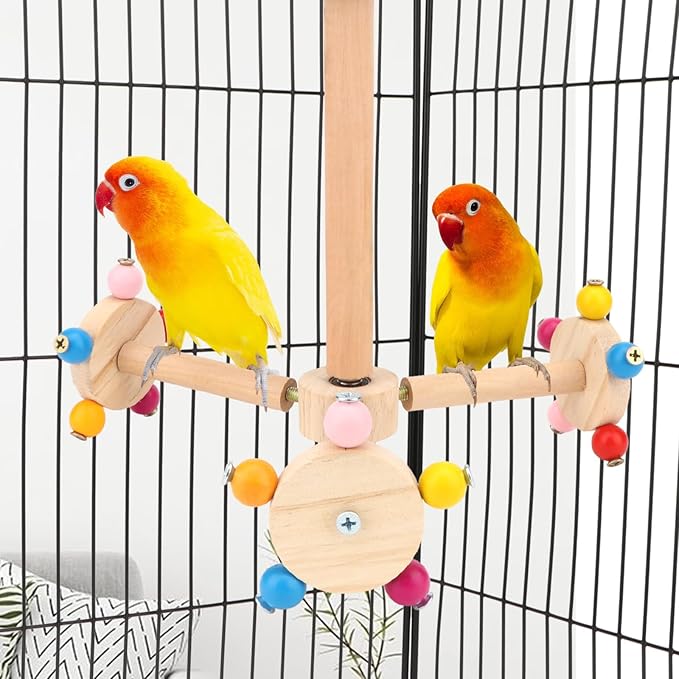 Hypeety Spinning Bird Perch Stand Toy Natural Wood Interactive Exercise Wheel Parrot Perch Toys Bird Rotating Perch for Parrot Parakeets Budgies Lovebirds Finch Conures (3 Stands)