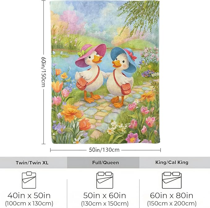 Duck Friends Blanket, Soft Cozy Lightweight Cute Ducks in Hats with Colorful Flowers Throw Blanket for Women Girls Kids, Sofa Couch Bed 50x60 Inch Flannel Blankets for Travel Decor Gifts