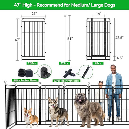 Dog Playpen Outdoor 32 Panels Heavy Duty Dog Fence 47" Height with Thick Pipe Anti-Rust with Doors Portable for RV Camping Yard, Total 72FT, 412 Sq.ft, Snowy Black