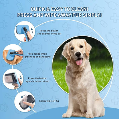 Dog Brush for Shedding, Self-Cleaning Slicker Brush, Perfect for Short & Long Haired Pets, Removes Mats, Tangles, Loose Fur, Gentle on Skin, Ideal for Small, Medium, Large Dogs. Blue