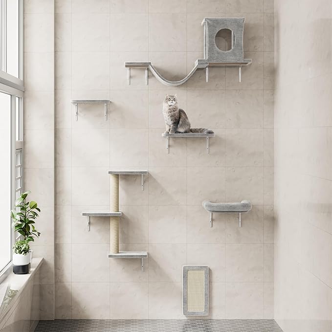 NUNU LAB Cat Wall Shelves, 6 Pcs Luxury Wall-Mounted Cat Climber Set, Indoor Cat Furniture with 1 Condos House, 2 Cat Wall Shelves, 1 Scratching, 1 Bridge Ladder, 1 Scratching Pad, Gray