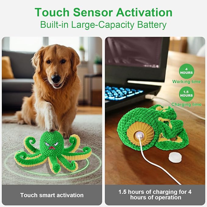 Interactive Dog Toys Octopus,Durable Automatic Jumping Dog Toy to Keep Them Busy,Squeaky Moving Tug of War Doggie Toy,USB Rechargeable,Not for Aggressive Chewers (Green)