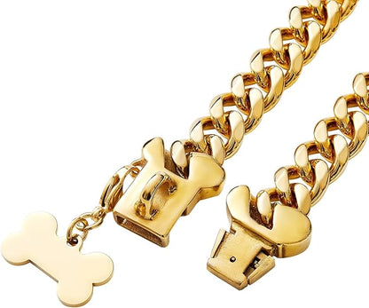 15mm Wide Strong Stainless Steel Bone Style Buckle Gold Dog Chain Collar,18K Gold Plated Cuban Link Chain Dog Necklace Collar for Small Dogs - 12''
